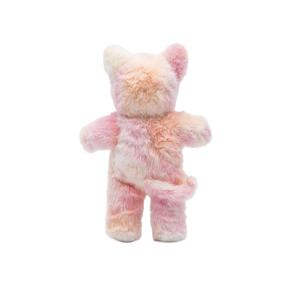 Plush teddy bear with pink and orange tie-dye pattern on a white background