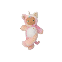 Plush toy in a pink unicorn costume on a white background
