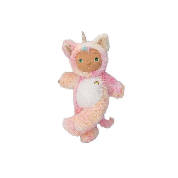 Plush toy in a pink unicorn costume on a white background