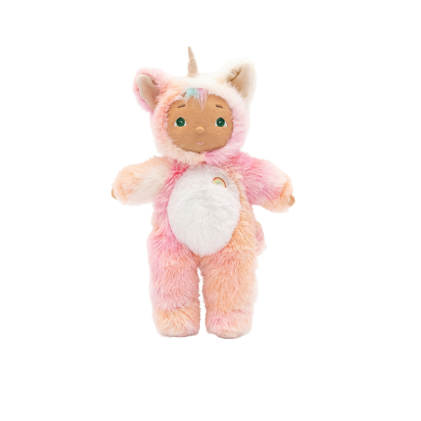 Plush toy in a pink unicorn costume on a white background