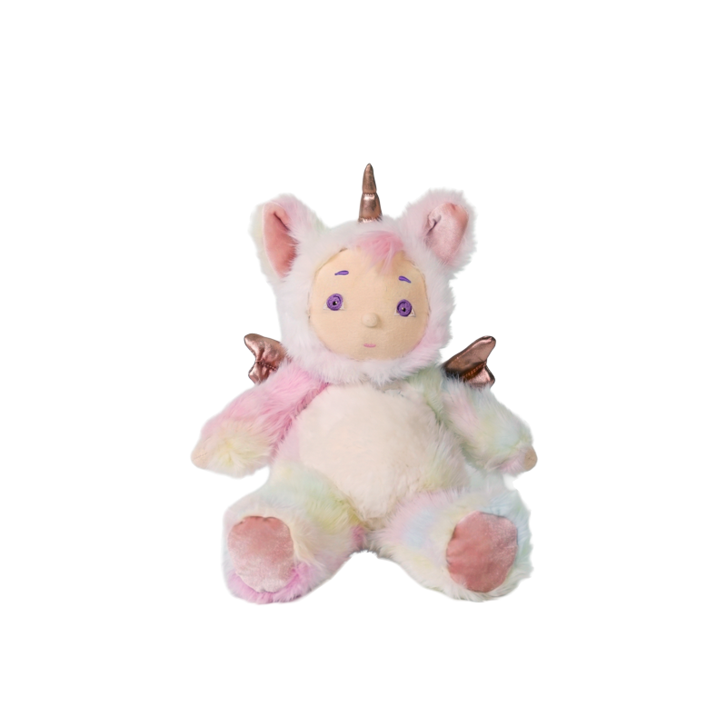 Plush toy unicorn with rainbow fur on a white background