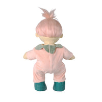 Back view of Piper Peach Dream Dinkum Doll by Dinkum Dolls by Olli Ella wearing a soft pink romper with a sage green collar and teal boots