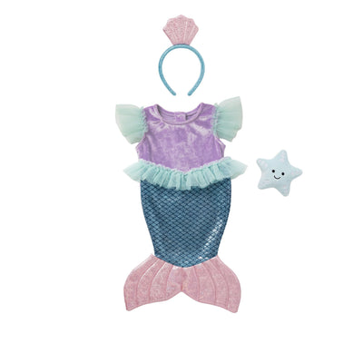 A mermaid costume set for kids featuring a lavender and blue sequined tail dress with mint green ruffle sleeves, a pink sequined tail, a light blue mermaid headband with a pink shell topper, and a small white starfish accent.