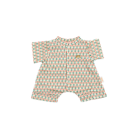 Cream short-sleeved doll romper with a small red and green sprig print, a front placket, short legs, and a small gold embroidered rainbow on the chest.