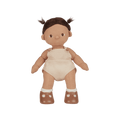 Dinkum Dolls Sprout doll with brown pigtails wearing a cream knitted top and bloomers with brown boots on a plain background
