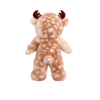 Plush doll in a fluffy fawn-print deer suit with cream spots, small brown velvet antlers and soft ears, a smooth fabric face with embroidered green eyes, and a tiny rainbow patch on the chest.
