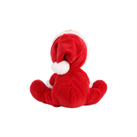 A red plush toy shaped like a seated figure wearing a Santa hat, shown from the back on a plain white background.