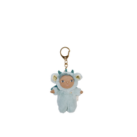 Plush keychain of a baby in a blue outfit with a gold ring on a white background