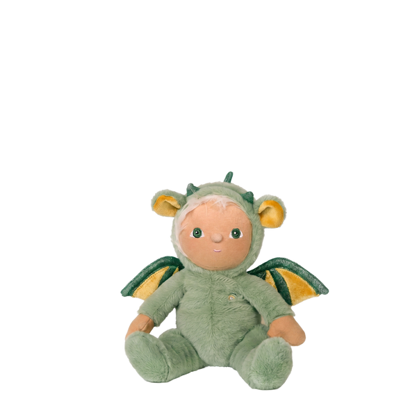 Plush toy dragon with a baby face on a white background