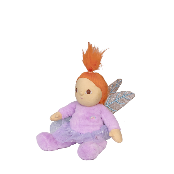 Plush toy fairy with orange hair and a purple outfit on a white background