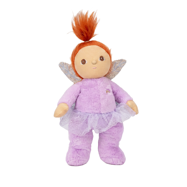 Plush fairy doll with red hair and a purple outfit on a white background