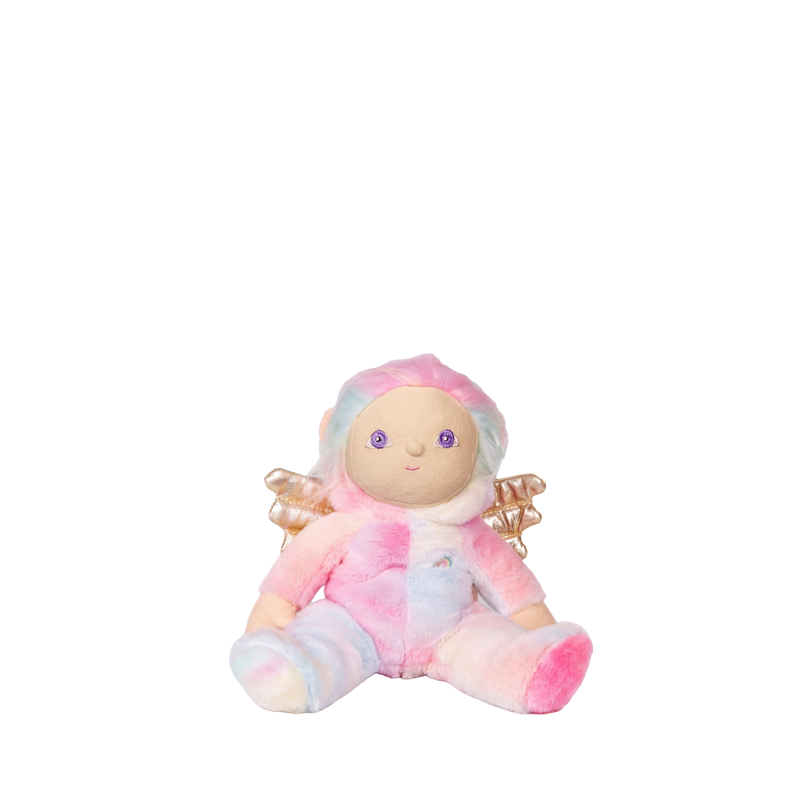 Dinky Dinkums Yara Unicorn plush doll in a soft pink and pastel blue unicorn outfit with a hood and golden wings seated against a white background