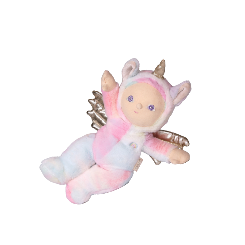 Dinky Dinkums Yara Unicorn plush doll with soft pink and blue fur silver wings and a golden horn lying against a black background