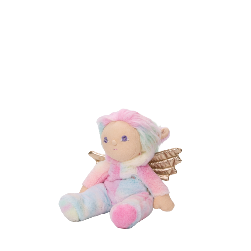 Dinky Dinkums pastel plush doll with pink hair blue and pink outfit and shimmering gold wings seated with a sweet friendly expression for imaginative play