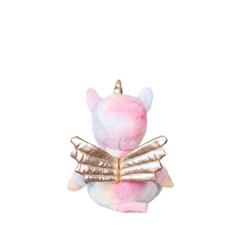 Back view of Dinky Dinkums Yara Unicorn plush doll with pastel pink and blue fur gold wings a golden horn and a soft pink tail