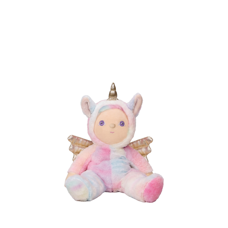 Plush toy resembling a unicorn with pink and white colors on a white background
