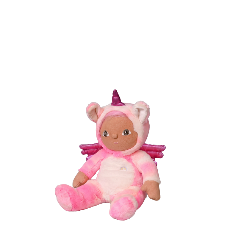 Dinky Dinkums Yuna Unicorn plush doll in a soft pink outfit with a horn and wings sitting against a plain background for imaginative play and cuddles