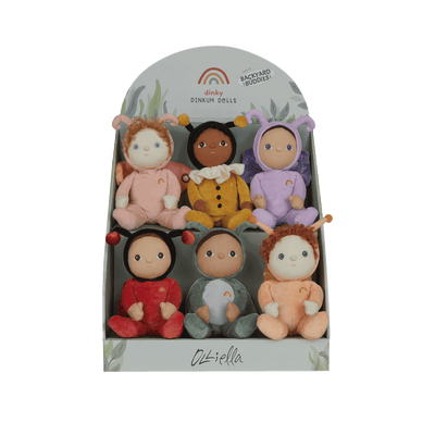 Six soft Dinky Dinkums insect inspired dolls in colorful butterfly snail and ladybird costumes arranged in a Backyard Buddies display box for imaginative play