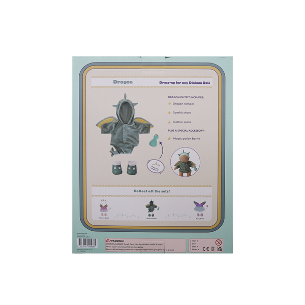 Product packaging with illustrations of a dragon outfit and accessories on a light blue background