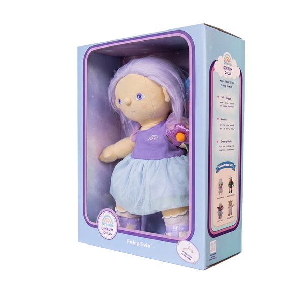 Plush doll with purple hair and outfit in a packaging box on a white background