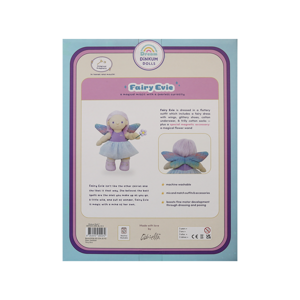 Back of a fairy-themed product packaging with text and illustrations.