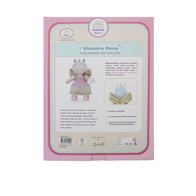 Back of a pink Dinkum Dolls Unicorn Nova box showing a small unicorn doll in a pink outfit with product details and a close up of its soft mane