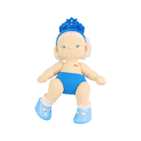 Plush doll with white hair, blue eyes and rosy cheeks, wearing a blue velvet tiara, white frilled socks, light blue shoes.