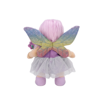 Plush toy fairy with colorful wings on a white background