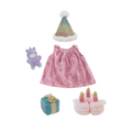 Dinkum Dolls birthday set with a pink velvet dress party hat plush unicorn magnetic cake with candles and a wrapped present for imaginative doll play
