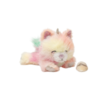 Plush toy cat with unicorn horn and rainbow fur on a white background