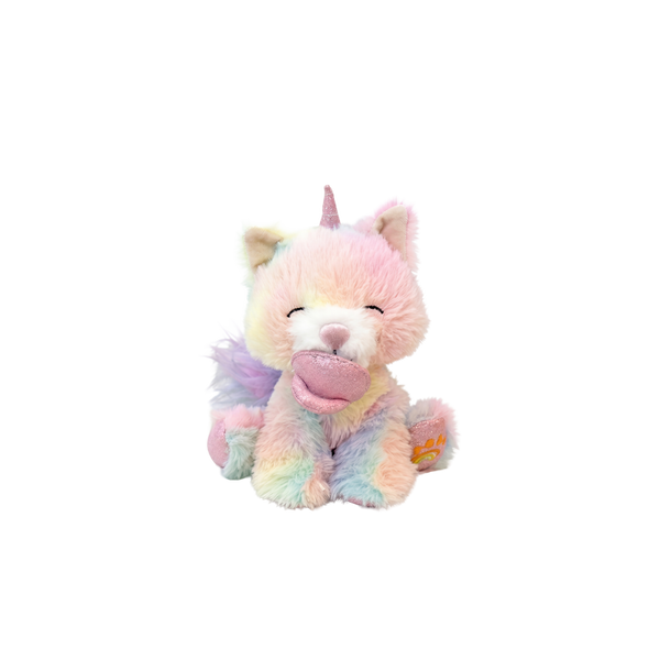 Dinkum Pets pastel plush kittycorn toy with a pink horn closed eyes rainbow colored fur and soft wings sitting upright