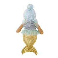 A mermaid doll viewed from the back, featuring light blue hair in a bun, a shimmering gold tail, and a mint green and gray top, set against a plain white background.