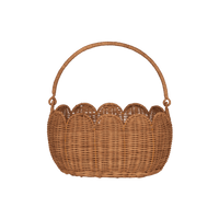 Natural woven rattan petal basket with a scalloped edge and sturdy arched handle for carrying toys treasures or Dinkum Dolls by Olli Ella