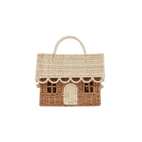 Woven rattan gingerbread house clutch with a sturdy handle scalloped roof charming windows and a small front door for imaginative play onderweg