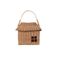 Olli Ella Kids Rattan handmade rattan house basket with a pitched roof sturdy carry handle and small open window for imaginative play