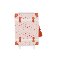 Pink children's suitcase with a sweet strawberry print and tan leather details from Olli Ella Kids for travel sleepovers and weekend adventures