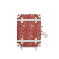 Sweetheart Red children's suitcase with white trim wheels and luggage tag by Olli Ella Kids for travel and imaginative play