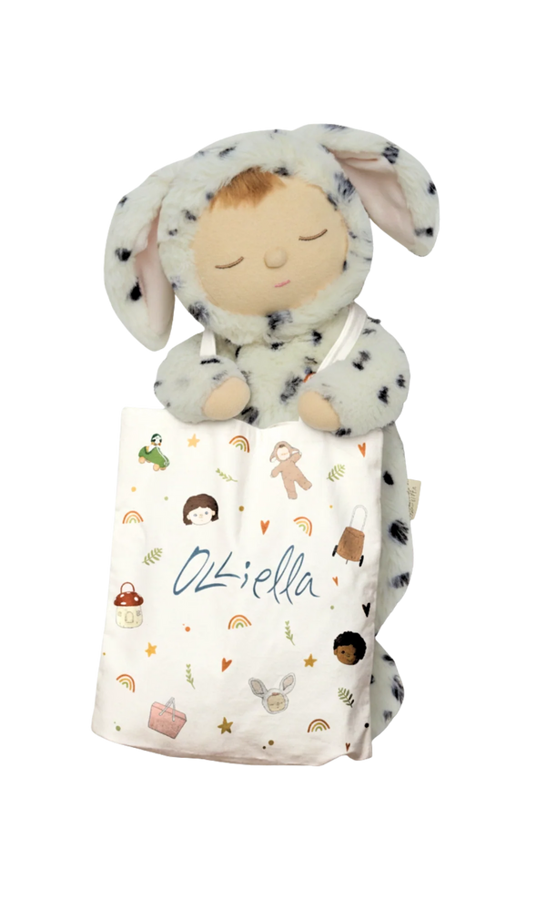 Tote Bag with multi coloured prints and a plush doll