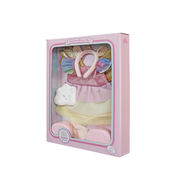 Packaged baby girl's clothing set with pink headband, dress, and shoes on a white background