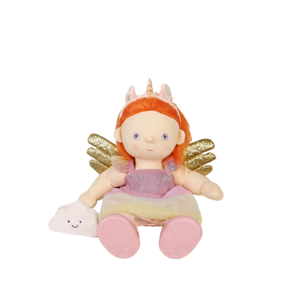 Plush toy fairy with red hair, gold wings, and a pink dress on a white background