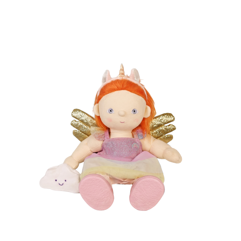 Dinkum Dolls fairy doll with bright ginger hair gold wings pink dress crown and a smiling unicorn slipper plush toy