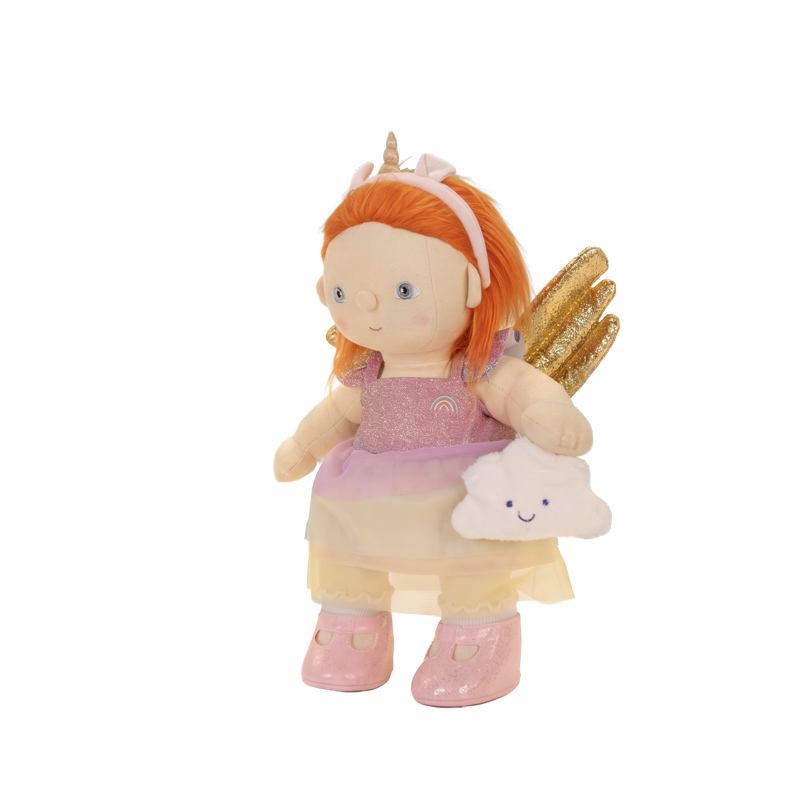 Dinkum Dolls Nova doll with bright ginger hair pink headband sparkling fairy outfit gold wings pink boots and a smiling cloud bag