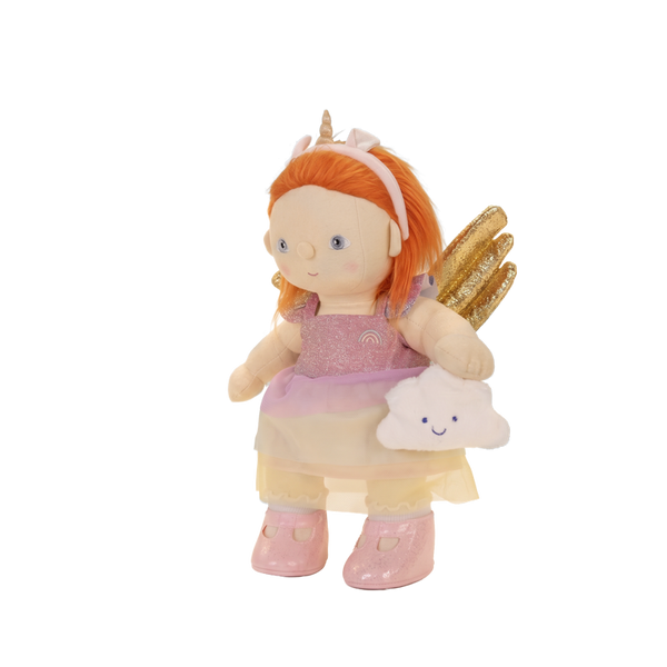 Toy fairy with red hair, gold wings, and a cloud-shaped bag on a white background