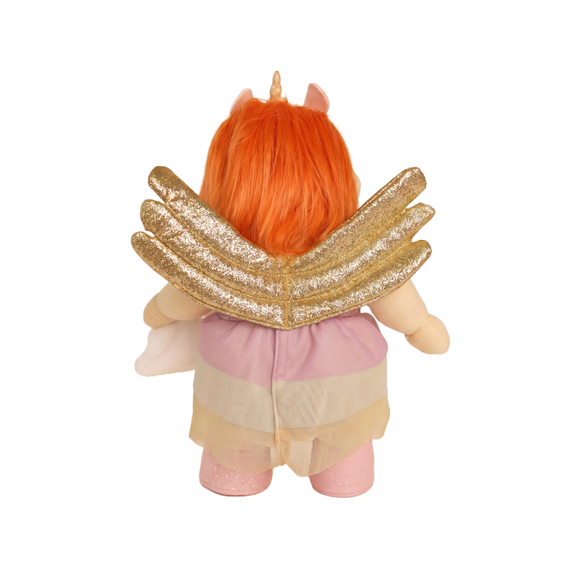 Back view of Dinkum Dolls Unicorn Nova with bright ginger hair gold glitter wings a pink and cream outfit and pink shoes for imaginative play