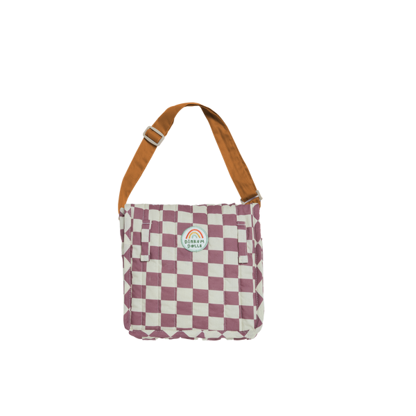 Olli Ella purple checkered print Doll changing mat and bag for kids imaginative play.