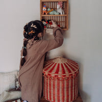Olli Ella circus tent rattan woven basket for storage of kids toys and dolls. Pair with our pocket sized Holdie Folk plush toys and animal toys.