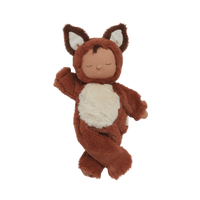 Cozy Dinkum Finnley Fox plush toy, the dreamy woodland doll with the softest rust-colored fur and a sleepy flopsy body, perfect for snuggles and sweet dreams. This posable plush fox features an embroidered face, tuft of hair, and a non-removable suit with unique detailing and a rainbow heart.