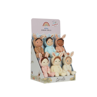 Dinky Dinkums Fluffle Family six soft bunny dolls in tan blue brown pink yellow and cream pastel colors displayed in a gift box