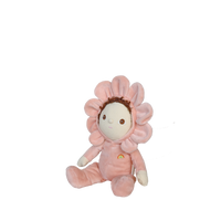 Plush toy in a pink flower costume on a white background