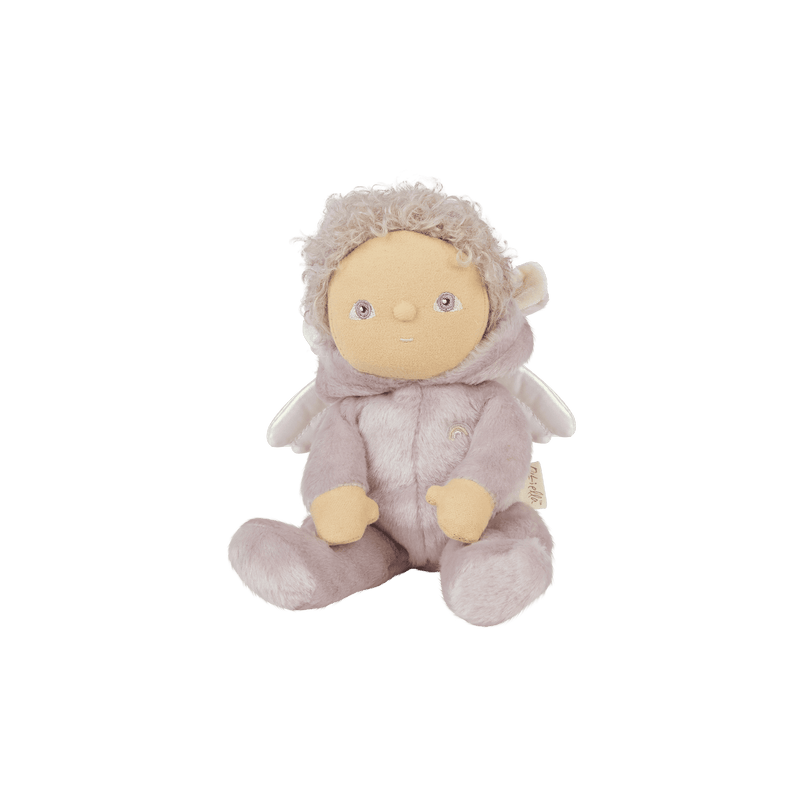 Dinky Dinkums plush doll with a cream embroidered face and curly beige hair wearing a soft lilac outfit and seated with outstretched arms